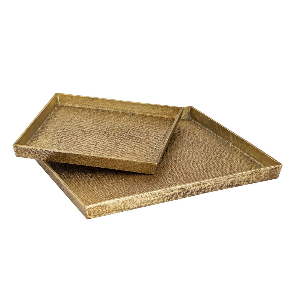 ELK Home H0807-10664/S2 Square Linen Texture Tray - Set of 2 in Antique Brass