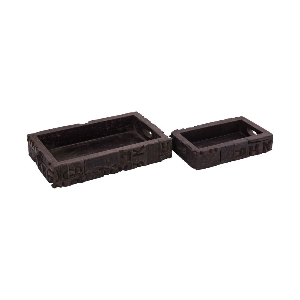 ELK Home TRAY096 Carved Block Claded Trays (Set of 2) in Brown