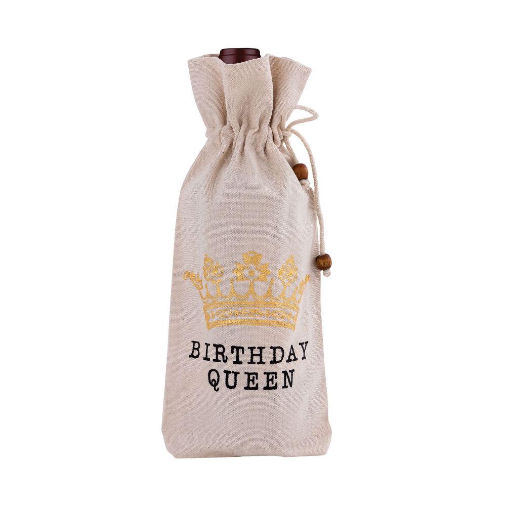 ELK Home WBAG013 Birthday Queen 6x13 Wine Bag in Unbleached Natural Cotton Duck with Gold and Black Print
