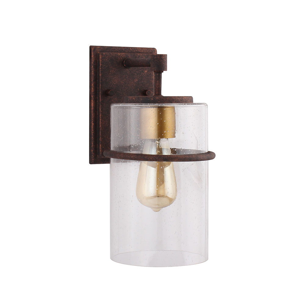 Eglo 204544A Brandel 1x60W Outdoor waill light with a rust color finish with gold accent and clear seedy glass