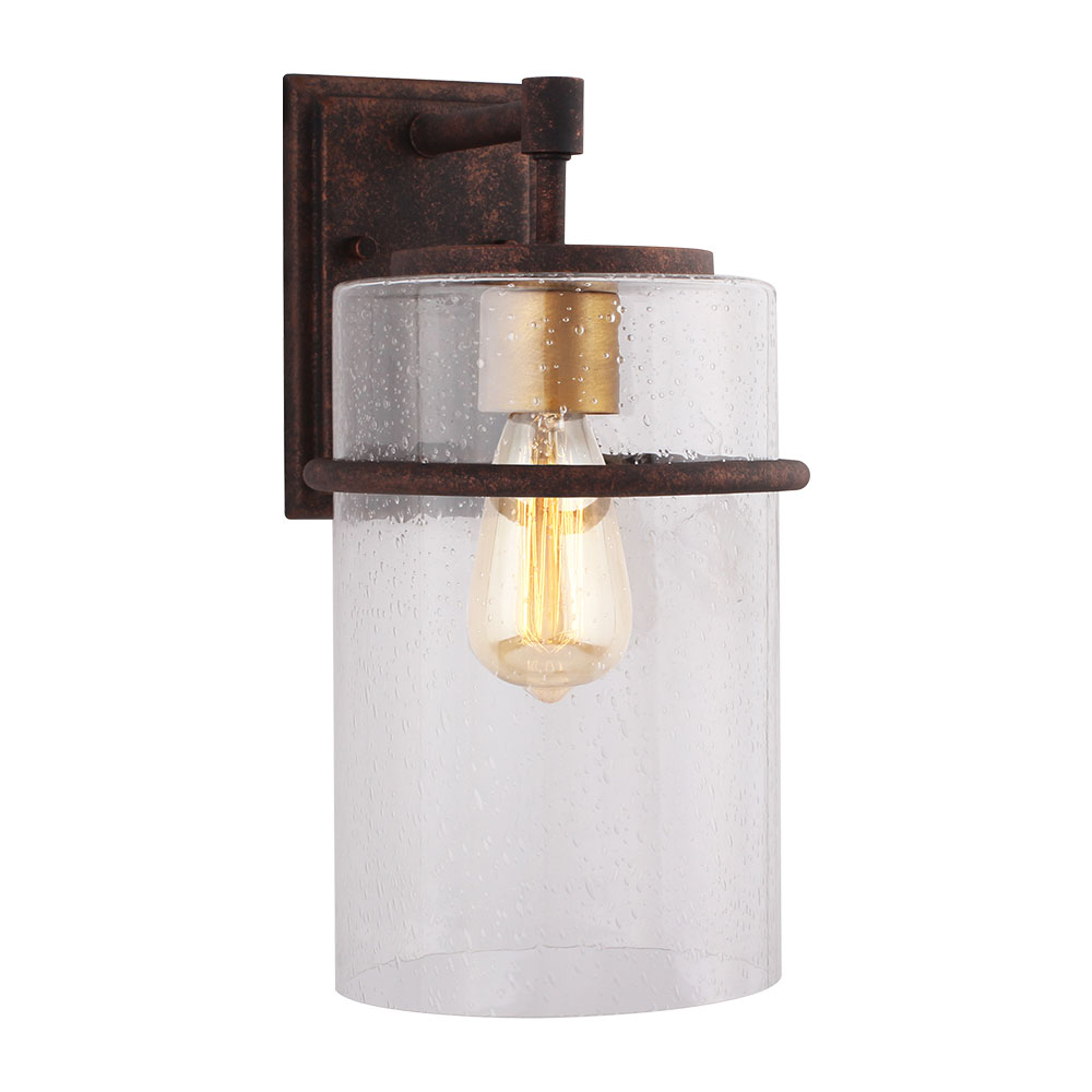 Eglo 204545A Brandel 1x60W Outdoor waill light with a rust color finish with gold accent and clear seedy glass