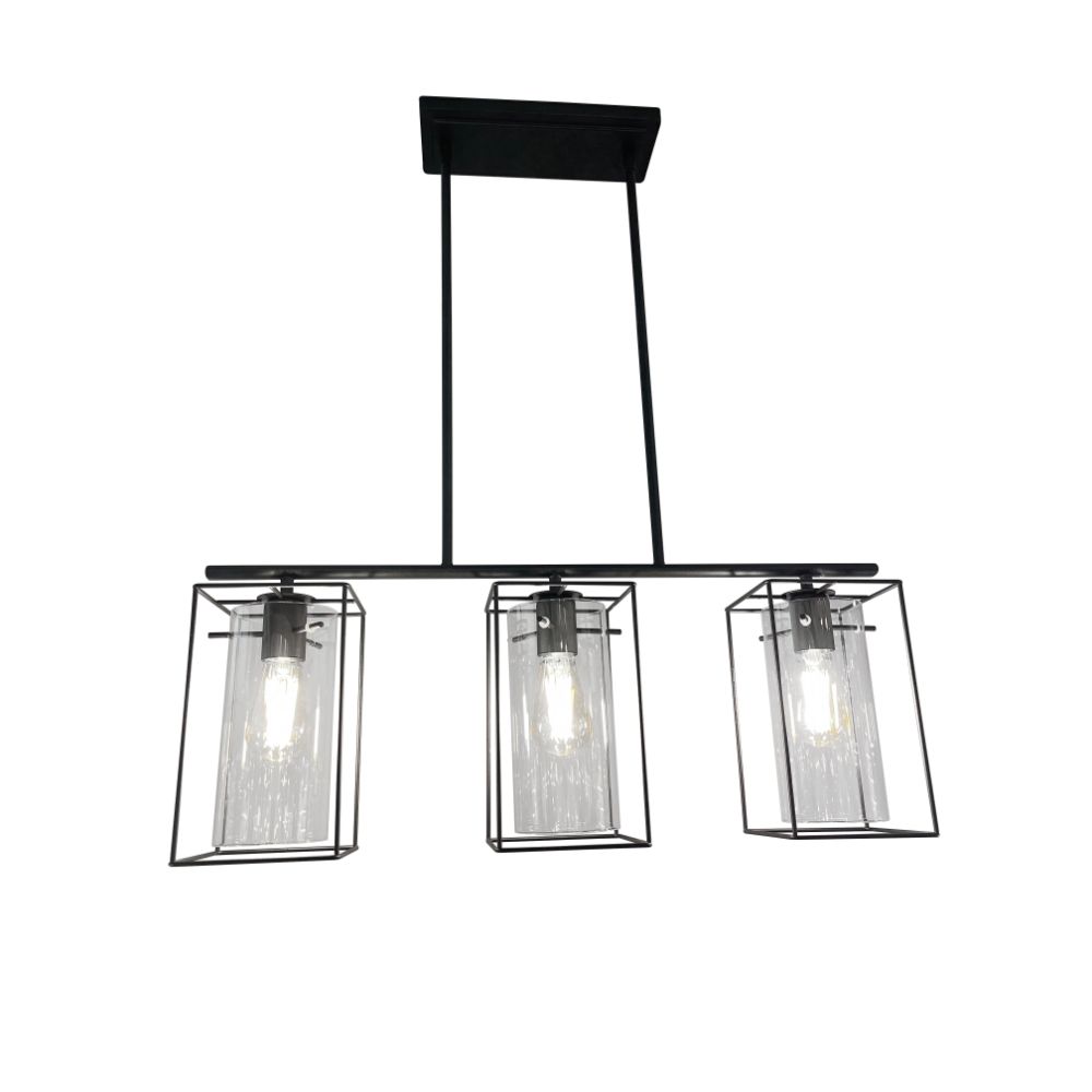 Eglo 205297A Loncino - 3 LT Island Pendant with a Structured Black finish and and Clear Cylinder Glass.   3x60W E26 Bulbs