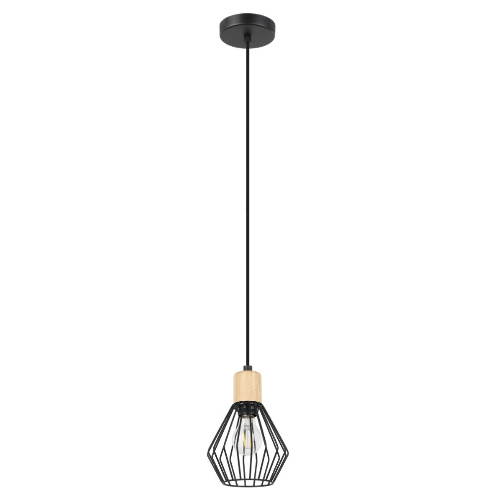 Eglo 205587A 1LT Open Frame Metal Pendant w/ Structured Black Finish and Wood Accent. 1-60W E26 Bulb