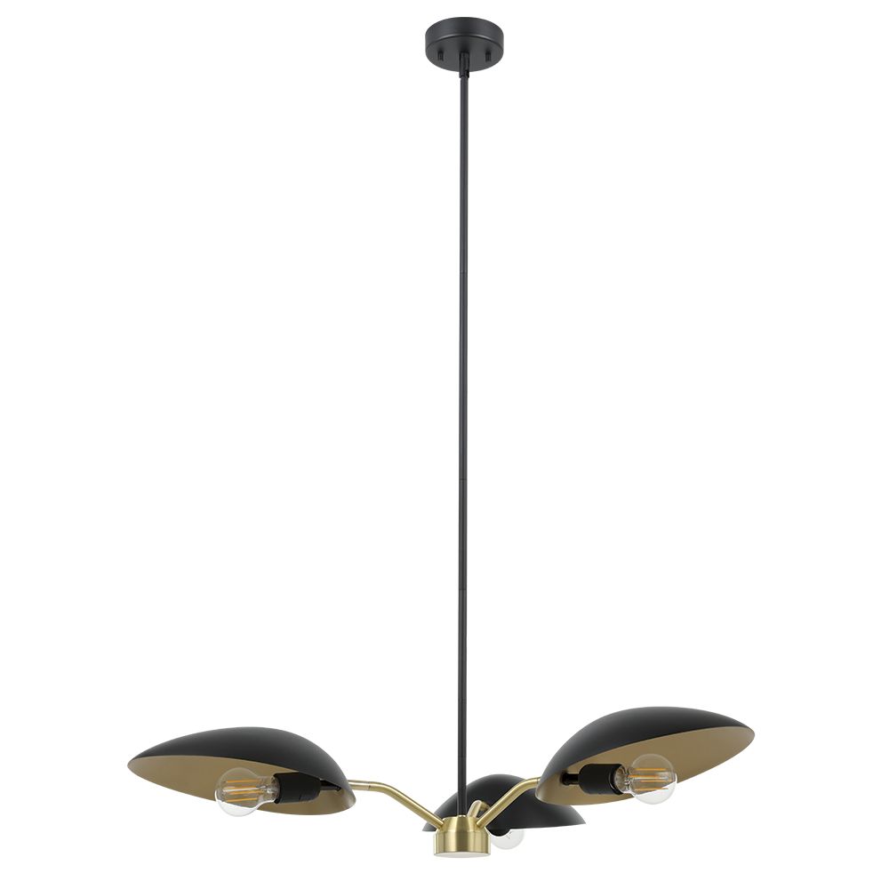 Eglo 205764A 3 LT Chandelier Black Finish with Brushed Brass Accents and Black Metal Shades
