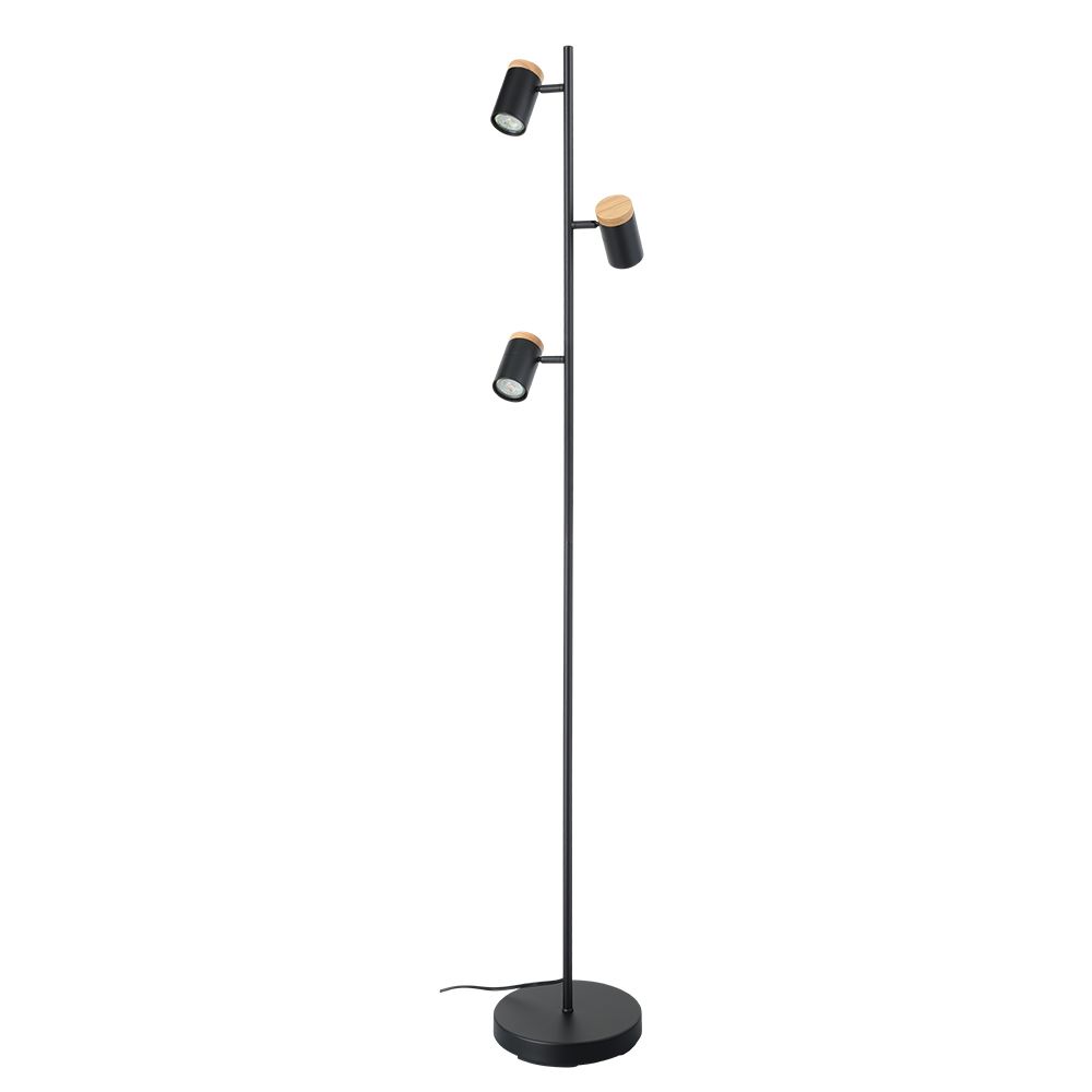 Eglo 205831A 3 LT Floor Lamp with a Structured Black Finish and Wood Accents, 3x4.5W GU10 LED
