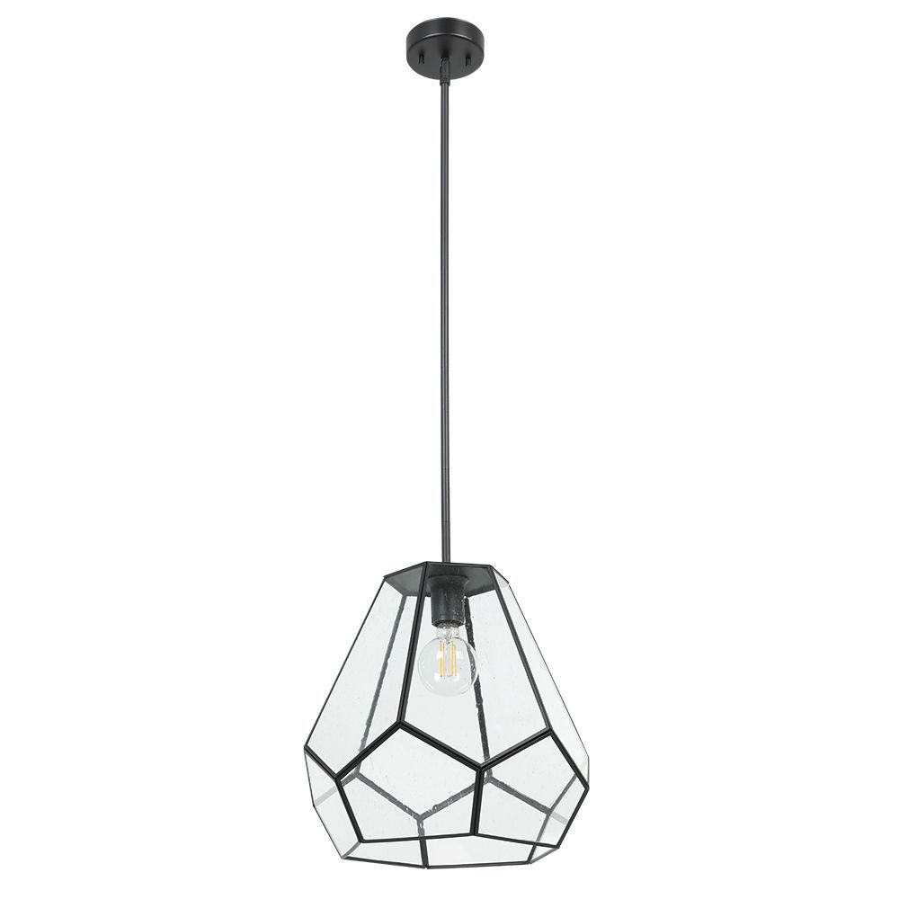 Eglo 205843A 1 LT Pendant with Structured Black Finish and Geometric Seeded Glass Shade with Structured Black Accents, 1-60W E26 