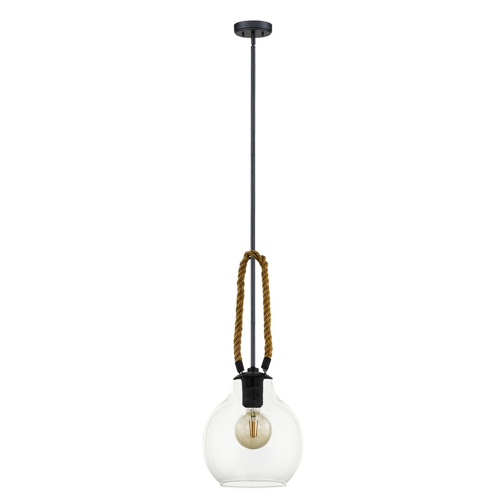 Eglo 205844A 1 LT Pendant with Strucutred Black Finish , Brown Roping and Clear Glass Shade, 1-60W E26 
