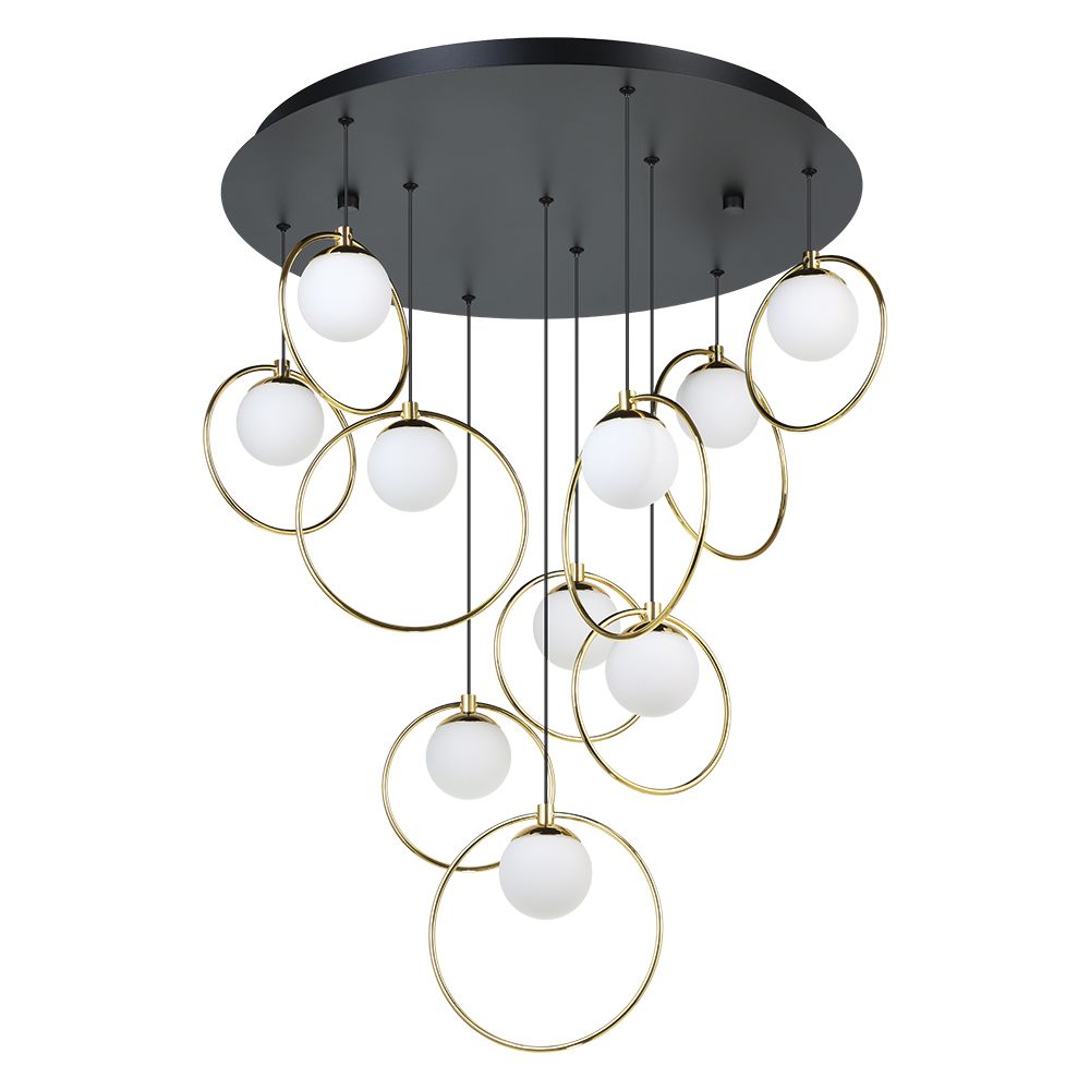 Eglo 206116A 10 LT Round Ceiling Light w/ Black Finish & Shiny Brass Rings w/ White Glass Shades