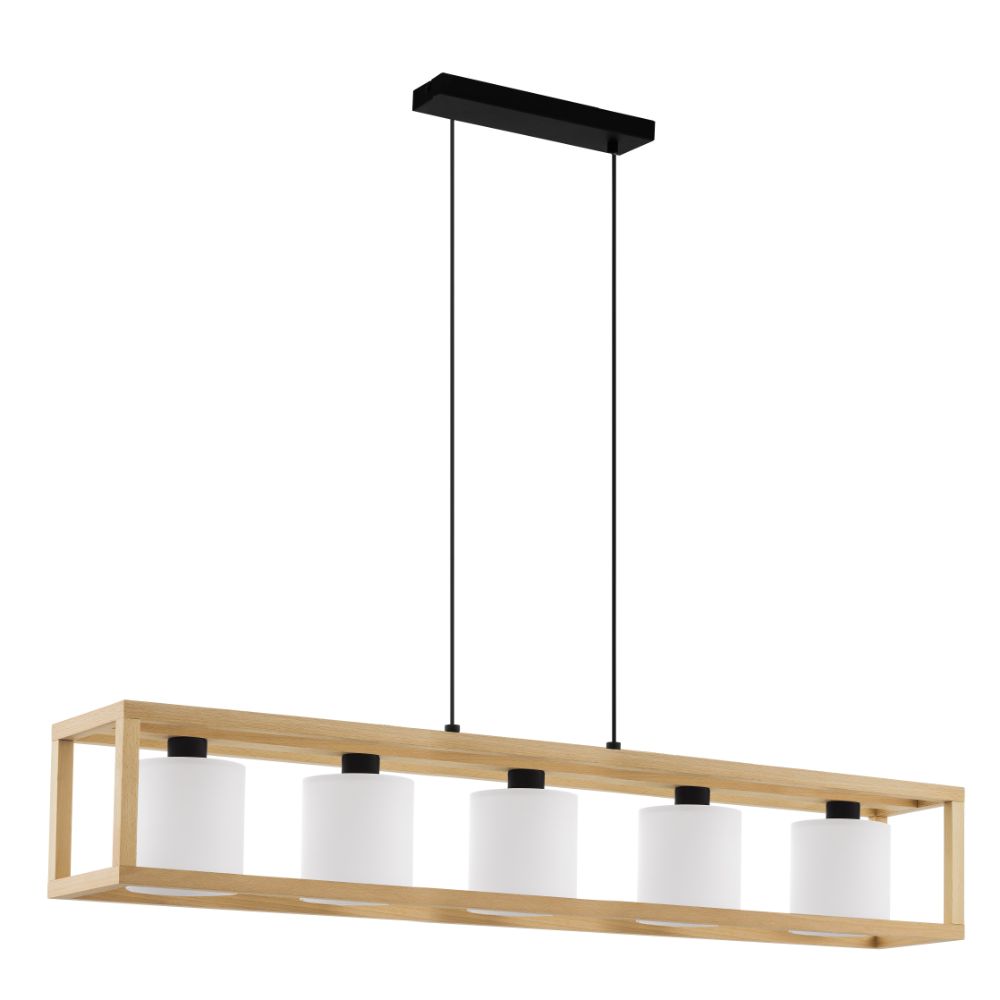 Eglo 390102A 5 LT Linear Pendant w/ Natural Wood Open Frame and White Fabric Shades. 5-40W