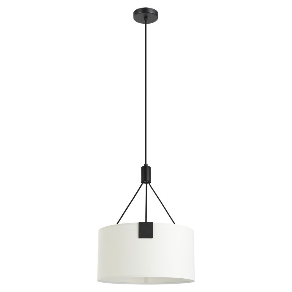 Eglo 39882A 3 LT Pendant w/ Structured Black Finish and White Fabric Drum Shaped Shade, 3-60W E26 Bulbs