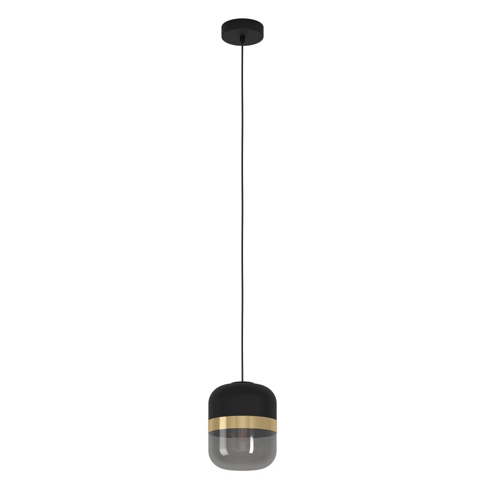 Eglo 39918A Sinsiga - 1LT Mini Pendant with a Structured Black Finish with Gold Accent Black Fabric Shade and Black Transparent Glass