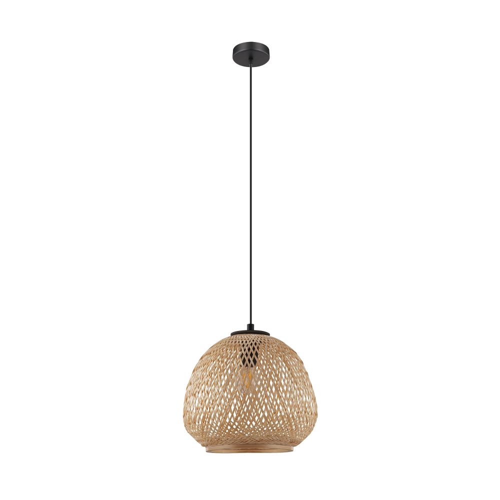 Eglo 43261A 1 LT Pendant with a Black Finish and Natural Wood Dome Shaped Shade, 1-60W E26 Bulb
