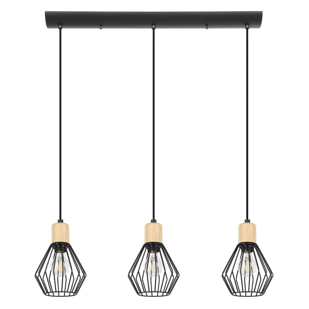 Eglo 43378A 3 LT Linear Pendant w/ Structured Black Finish and Open Frame Structured Black Shades w/ Wood Accents, 3-60W E26 Bulb