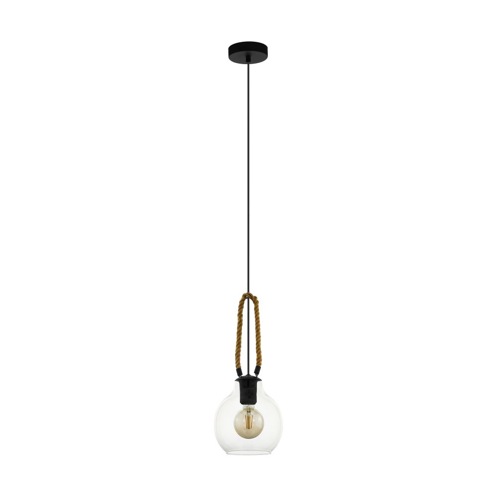 Eglo 43617A Rodding - 1 LT Pendant with Structured Black Finish , Brown Roping and Clear Glass Shade, 1-60W E26 Bulb