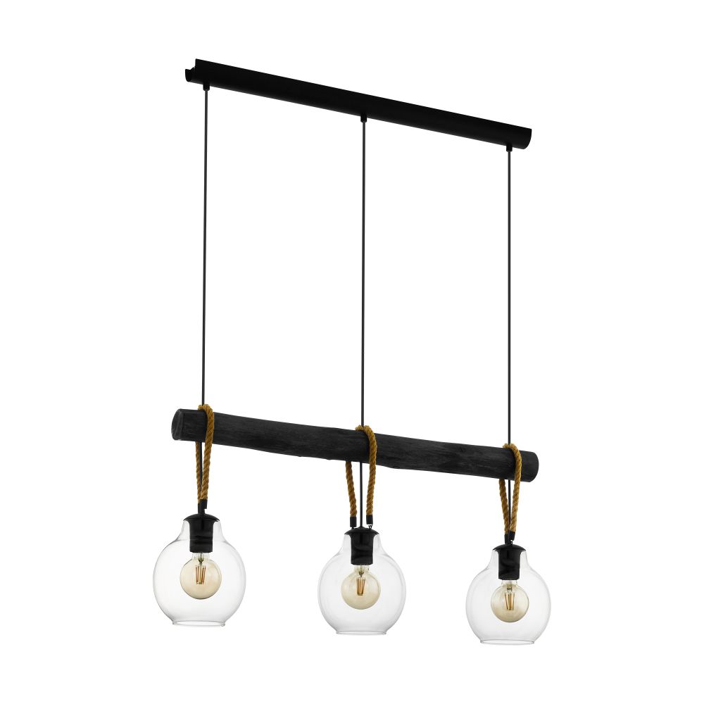 Eglo 43618A Rodding - 3 LT Linear Pendant with Structured Black Finish , Brown Roping and Clear Glass Shade, 3-60W E26 Bulb
