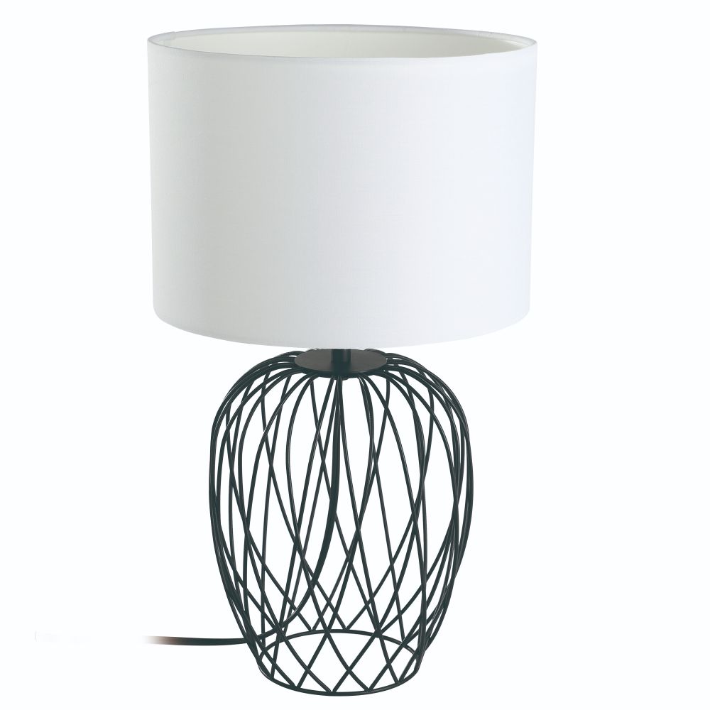 Eglo 43652A 1 Lt Table Lamp w/ black wire frame base and White Fabric Shade, 1-60W E26 Bulb