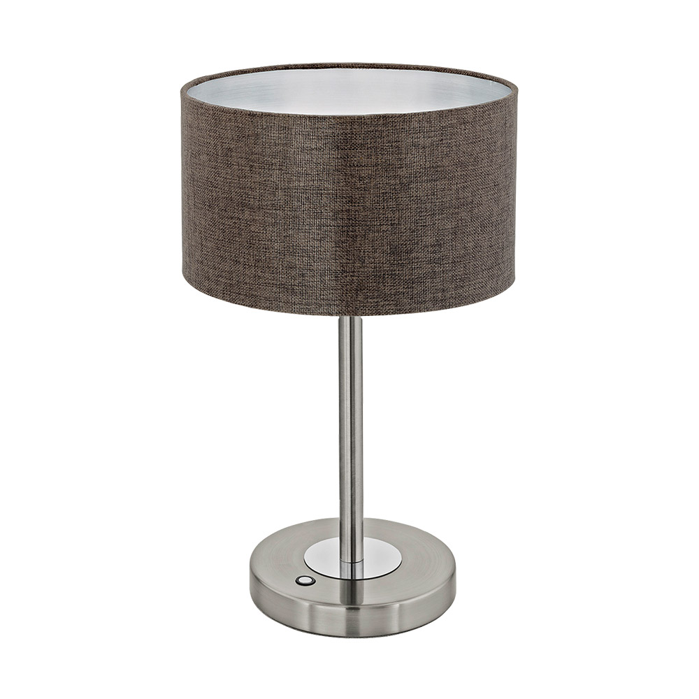 Eglo 95343A Romao 2 1 Light LED Table Lamp in Stain Nickel / Chrome with Brown Linen Shade