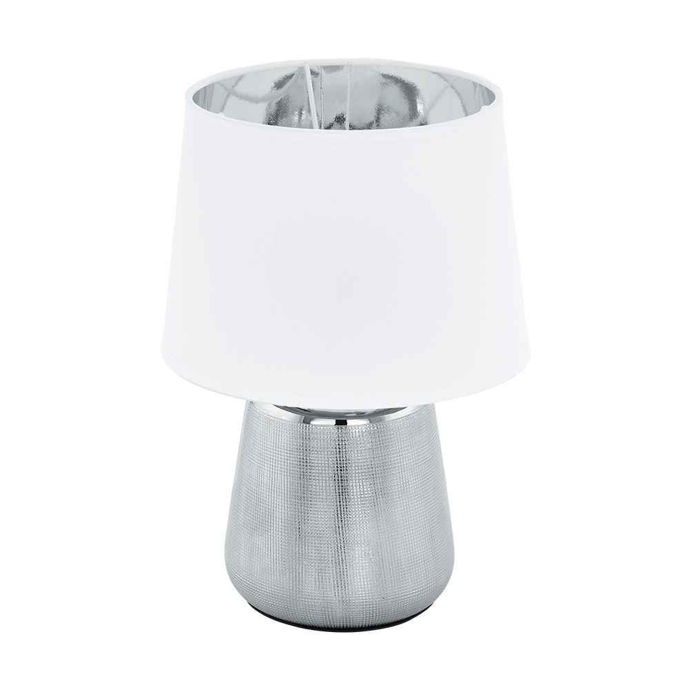 Eglo 99329A Manalba 1 - Table Lamp, Silver Finish, White Exterior W/ Silver Interior Fabric Shade, 1-40w Candalabra Bulb