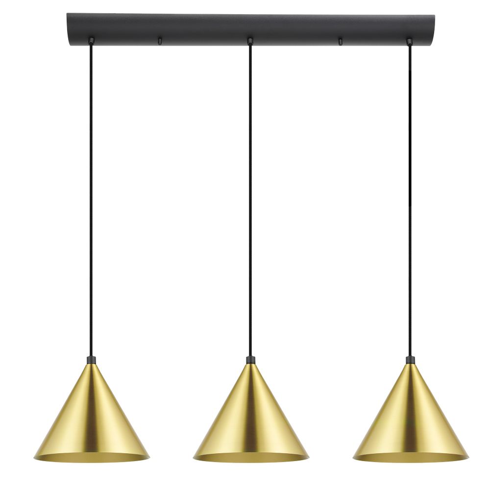 Eglo 99592A  3 LT Linear Pendant Structured Black Finish w/ Brushed Brass Metal Shades, 3-40W E26 Bulbs