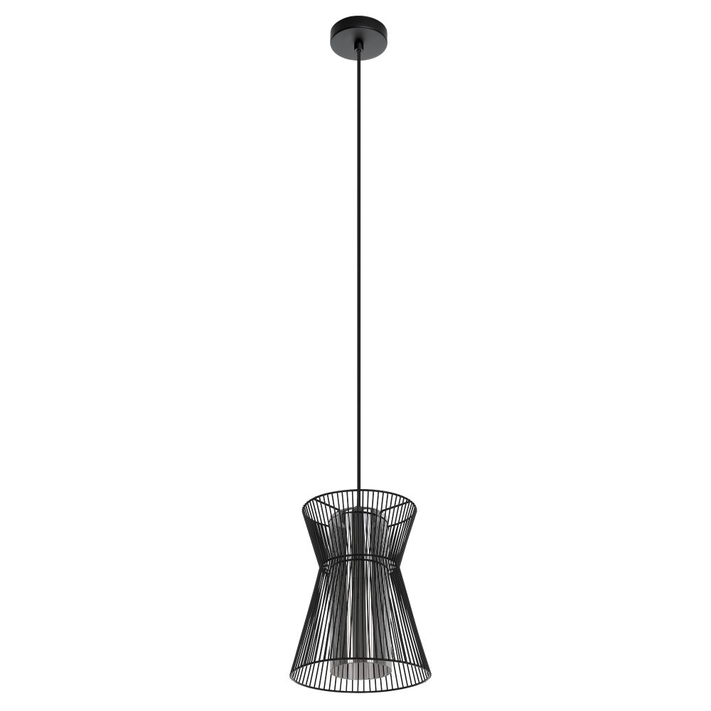 Eglo 99633A 1 LT Pendant with a Structured Black Metal Frame and Transparent Smoked Glass, 1x40W E26 Bulb