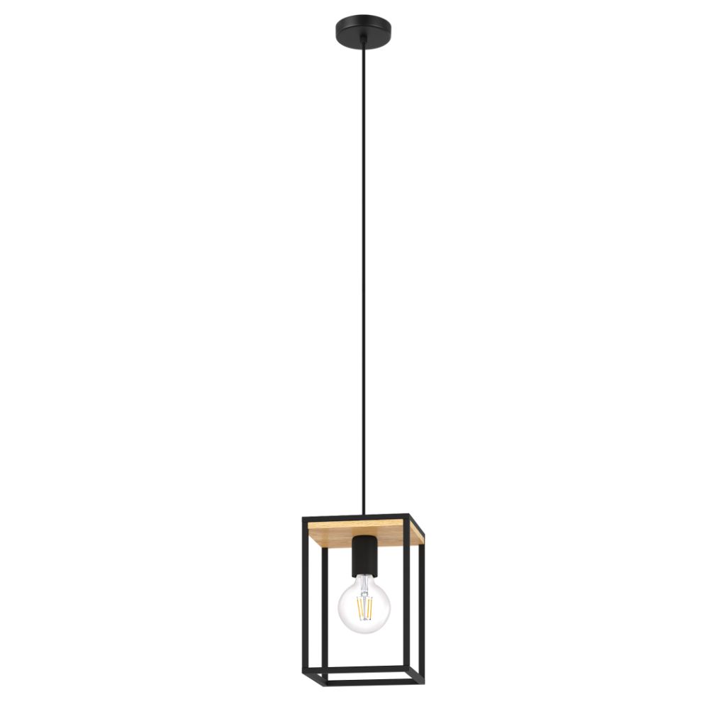 Eglo 99795A 1 LT Open Fram Pendant w/ Structured Black and Wood Finish, 1-60W E26 Bulb