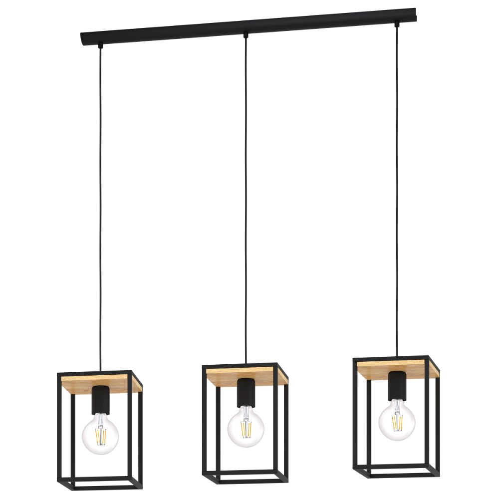 Eglo 99855A 3 LT Open Frame Linear Pendant w/ Structured Black and Wood Finish,     3-60W E26 Bulb