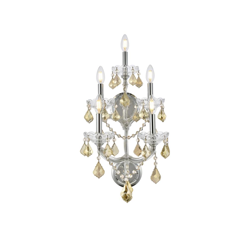 Elegant Lighting 2800W5C-GT/RC Maria Theresa 5 Light Wall Sconce in Chrome with Royal Cut Golden Teak Crystal