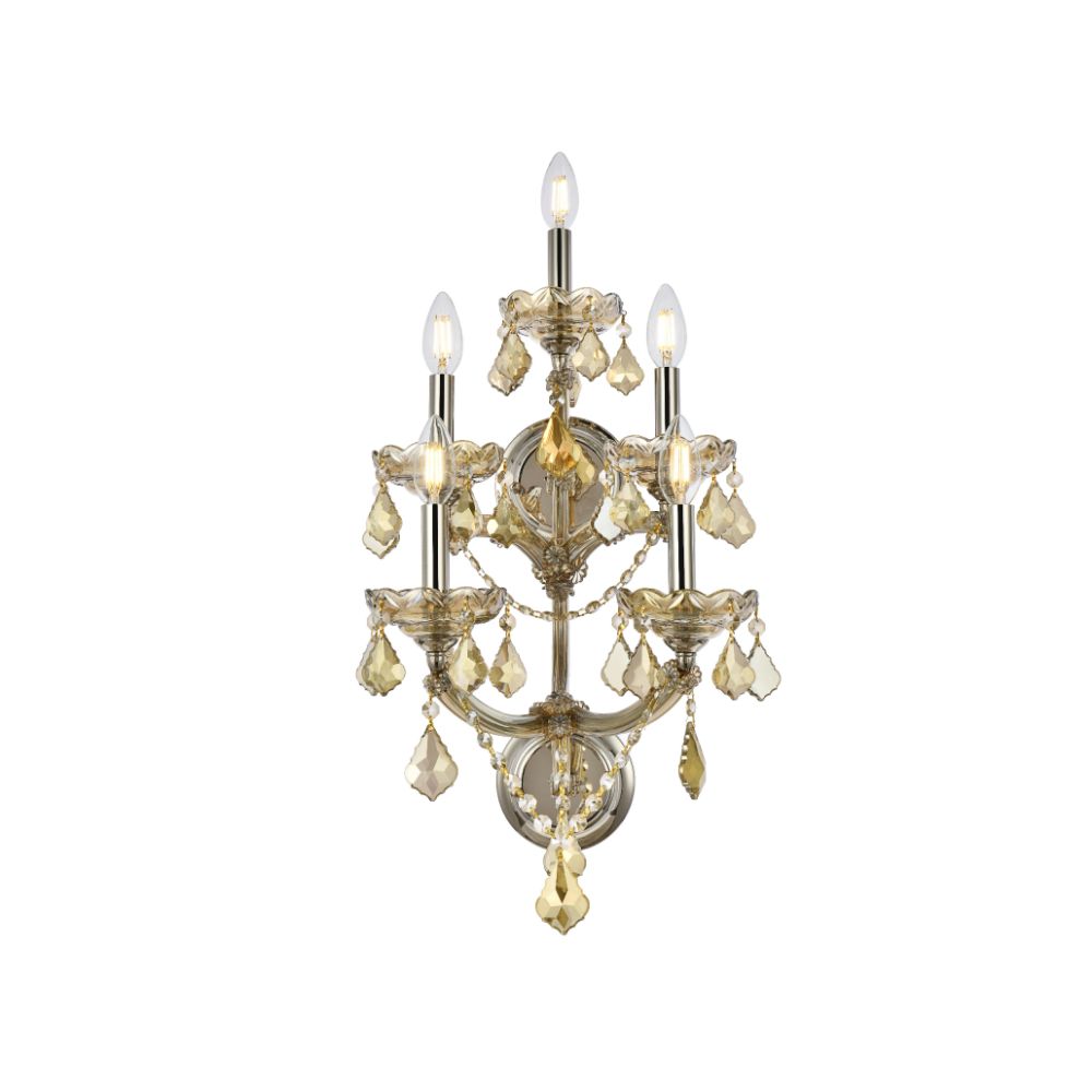 Elegant Lighting 2800W5GT-GT/RC Maria Theresa 5 Light Wall Sconce in Golden Teak with Royal Cut Chrystals
