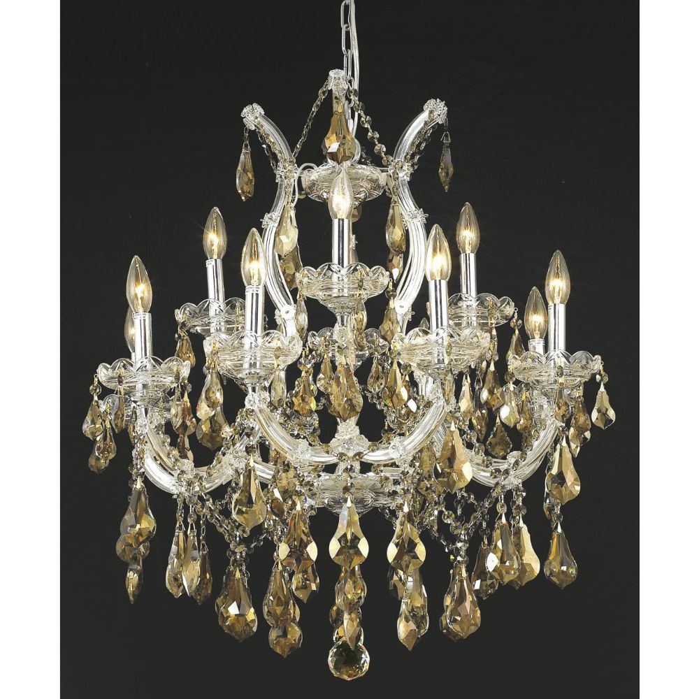 Elegant Lighting 2801D27C-GT/RC Maria Theresa 13 Light Dining Chandelier in Chrome with Royal Cut Golden Teak Crystal