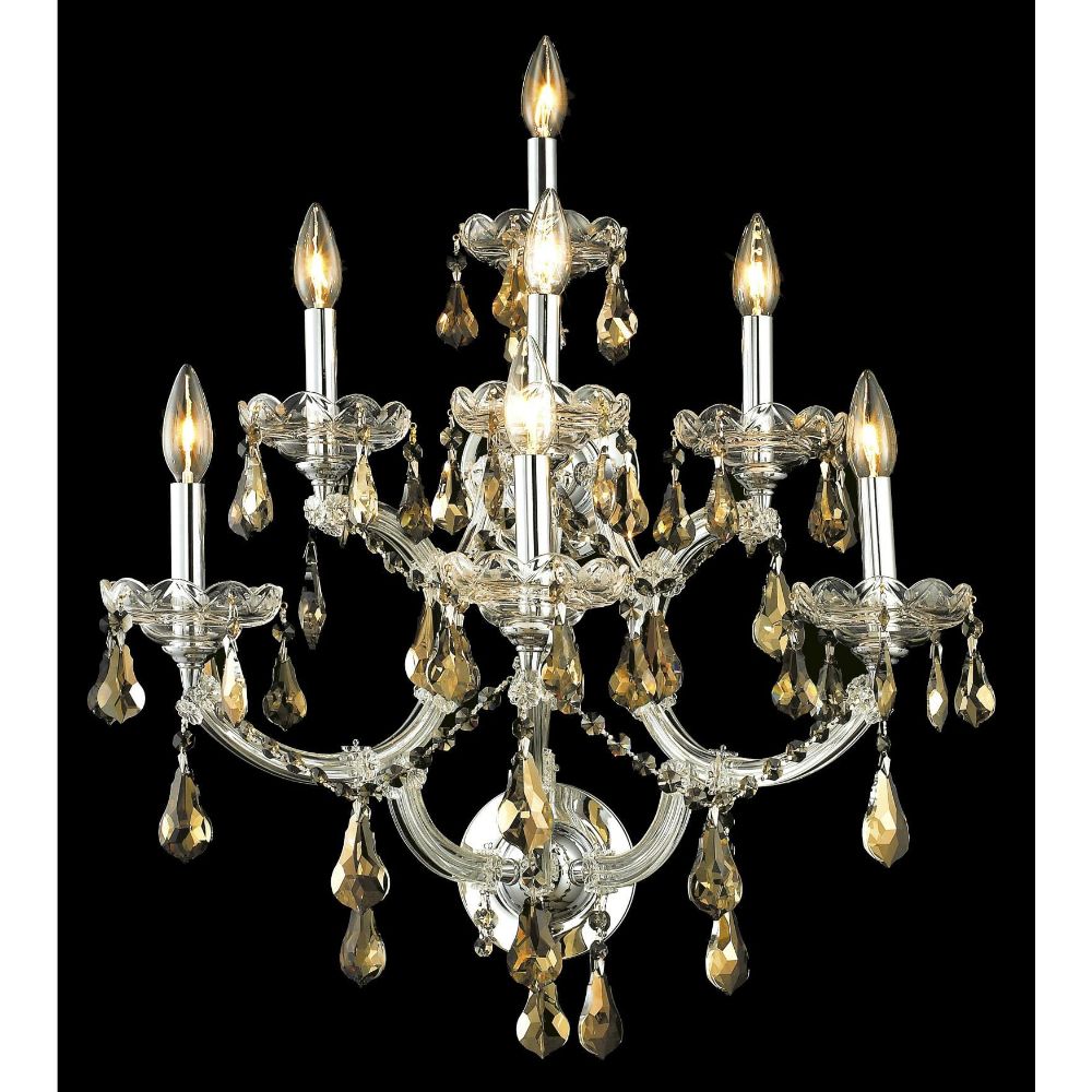 Elegant Lighting 2801W7C-GT/RC Maria Theresa 7 Light Wall Sconce in Chrome with Royal Cut Golden Teak Crystal