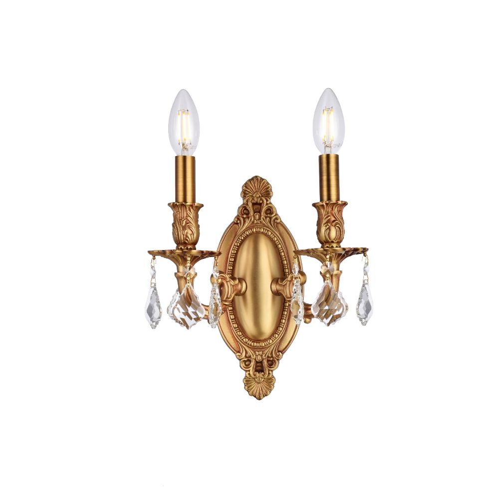 Elegant Lighting 9202W9FG/RC Rosalia 2 Light Wall Sconce in French Gold with Royal Cut Clear Crystal