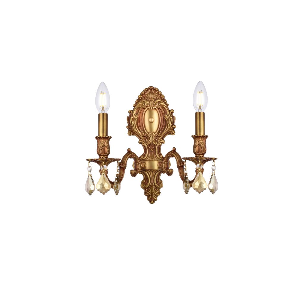 Elegant Lighting 9602W10FG-GT/RC Monarch 2 Light Wall Sconce in French Gold with Royal Cut Golden Teak Crystal
