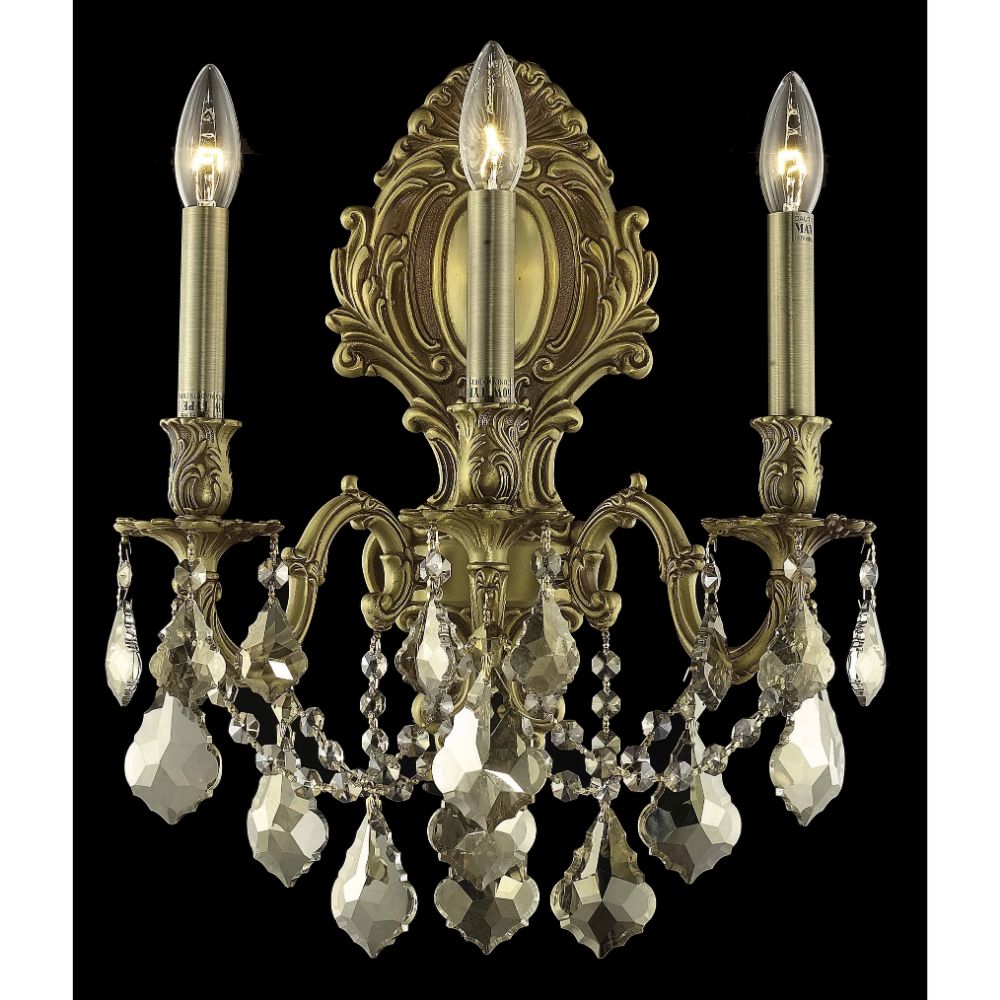Elegant Lighting 9603W14FG-GT/RC Monarch 3 Light Wall Sconce in French Gold with Royal Cut Golden Teak Crystal