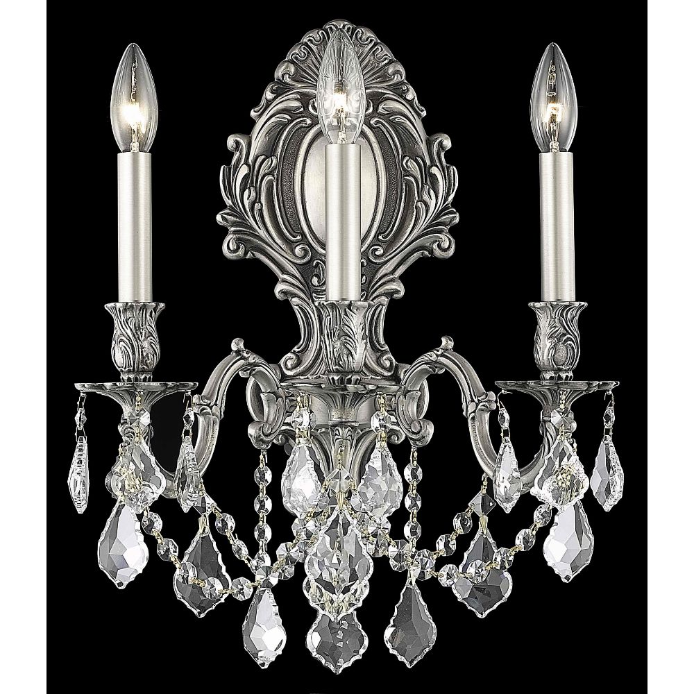 Elegant Lighting 9603W14PW/RC Monarch 3 Light Wall Sconce in Pewter with Royal Cut Clear Crystal