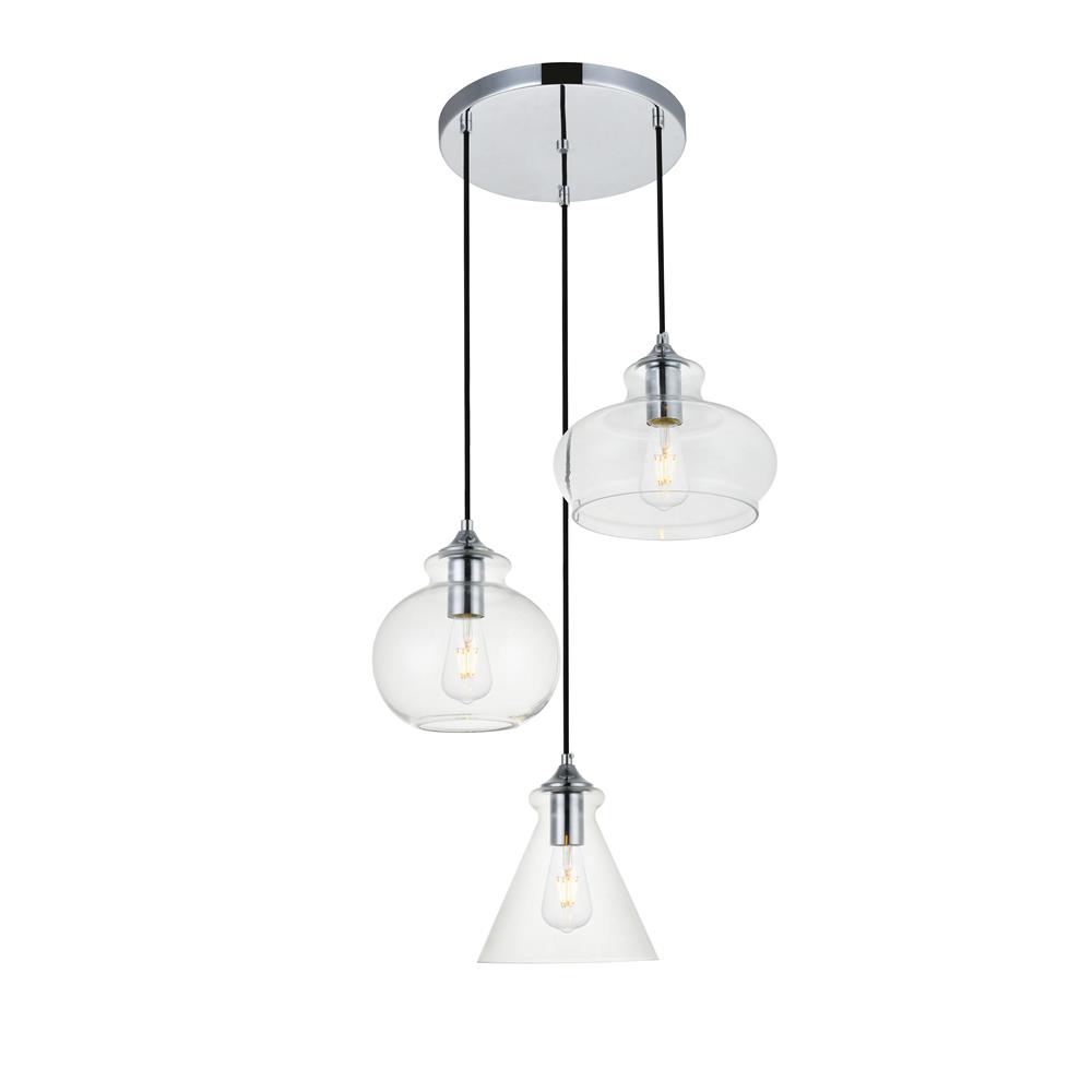 Living District by Elegant Lighting LD2247C Destry 3 Lights Chrome Pendant With Clear Glass