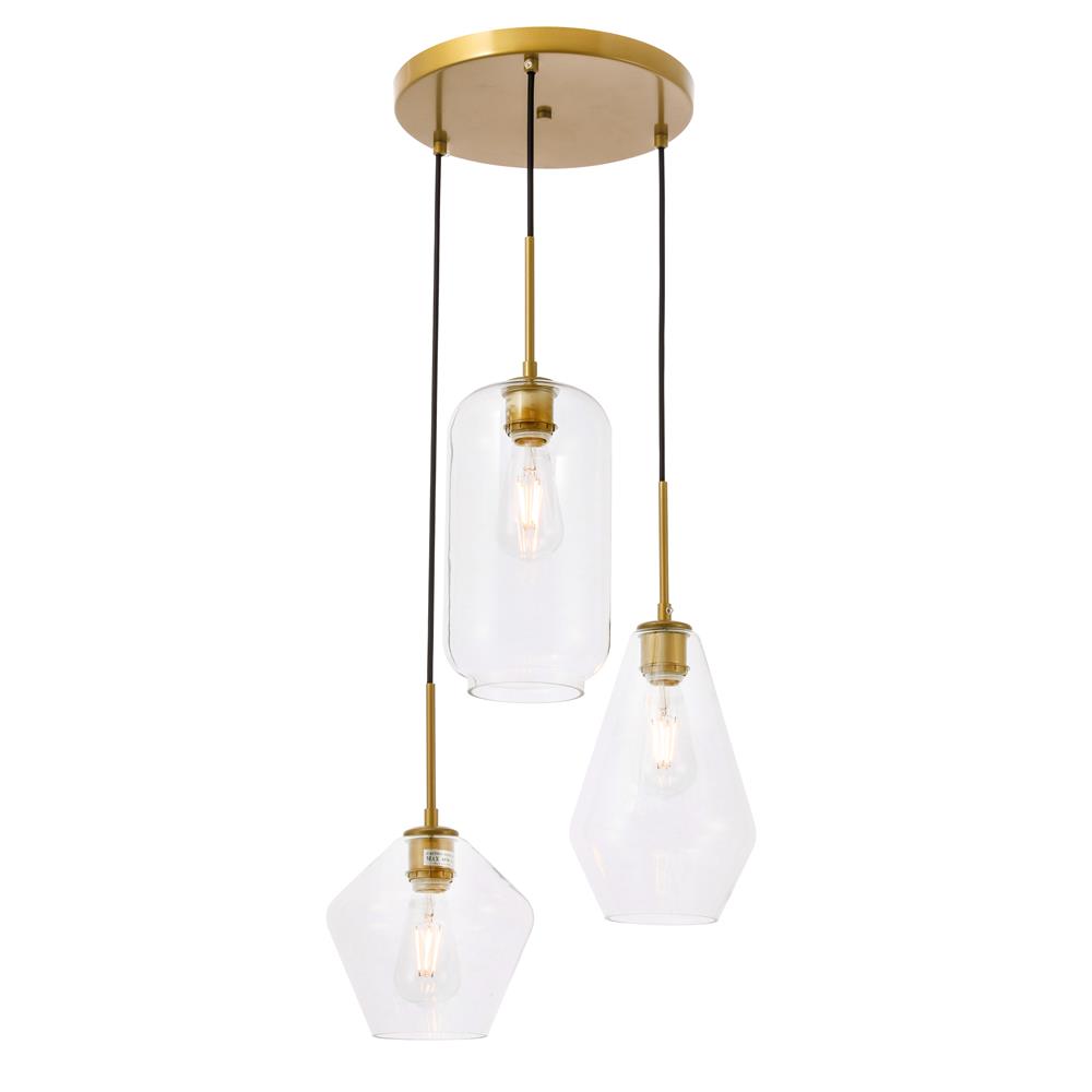 Living District by Elegant Lighting LD2268BR Gene 3 light Brass and Clear glass pendant