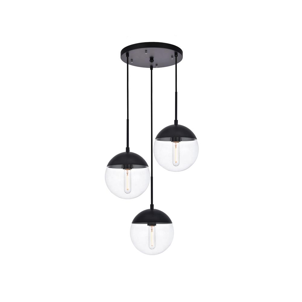 Living District by Elegant Lighting LD6069BK Eclipse 3 Lights Black Pendant With Clear Glass