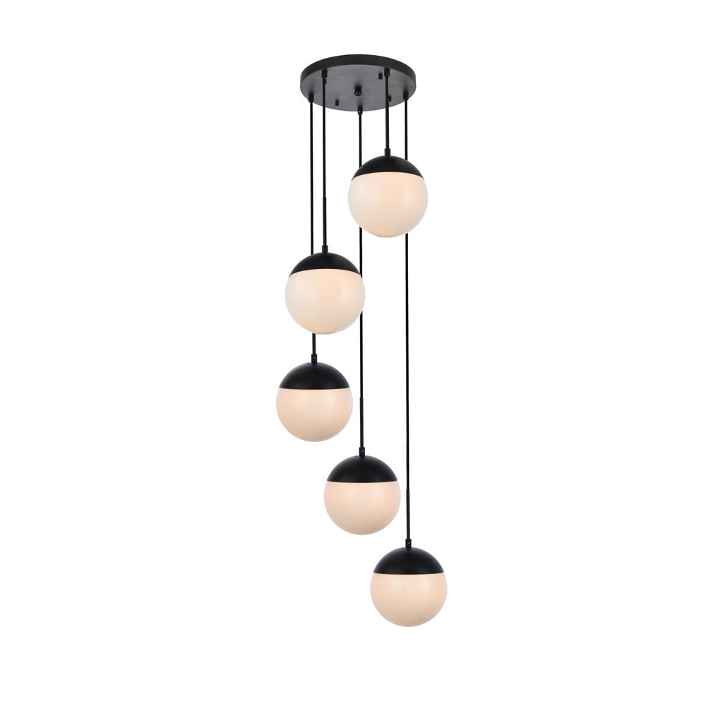 Living District by Elegant Lighting LD6074BK Eclipse 5 Lights Black Pendant With Frosted White Glass