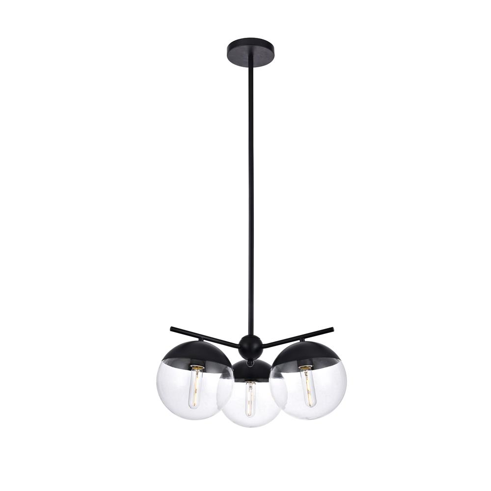 Living District by Elegant Lighting LD6129BK Eclipse 3 Lights Black Pendant With Clear Glass
