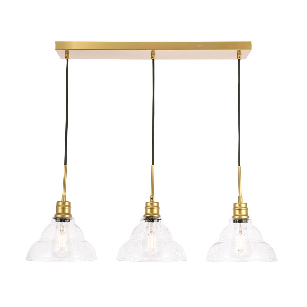 Living District by Elegant Lighting LD6224BR Clive 3 light Brass and Clear seeded glass pendant