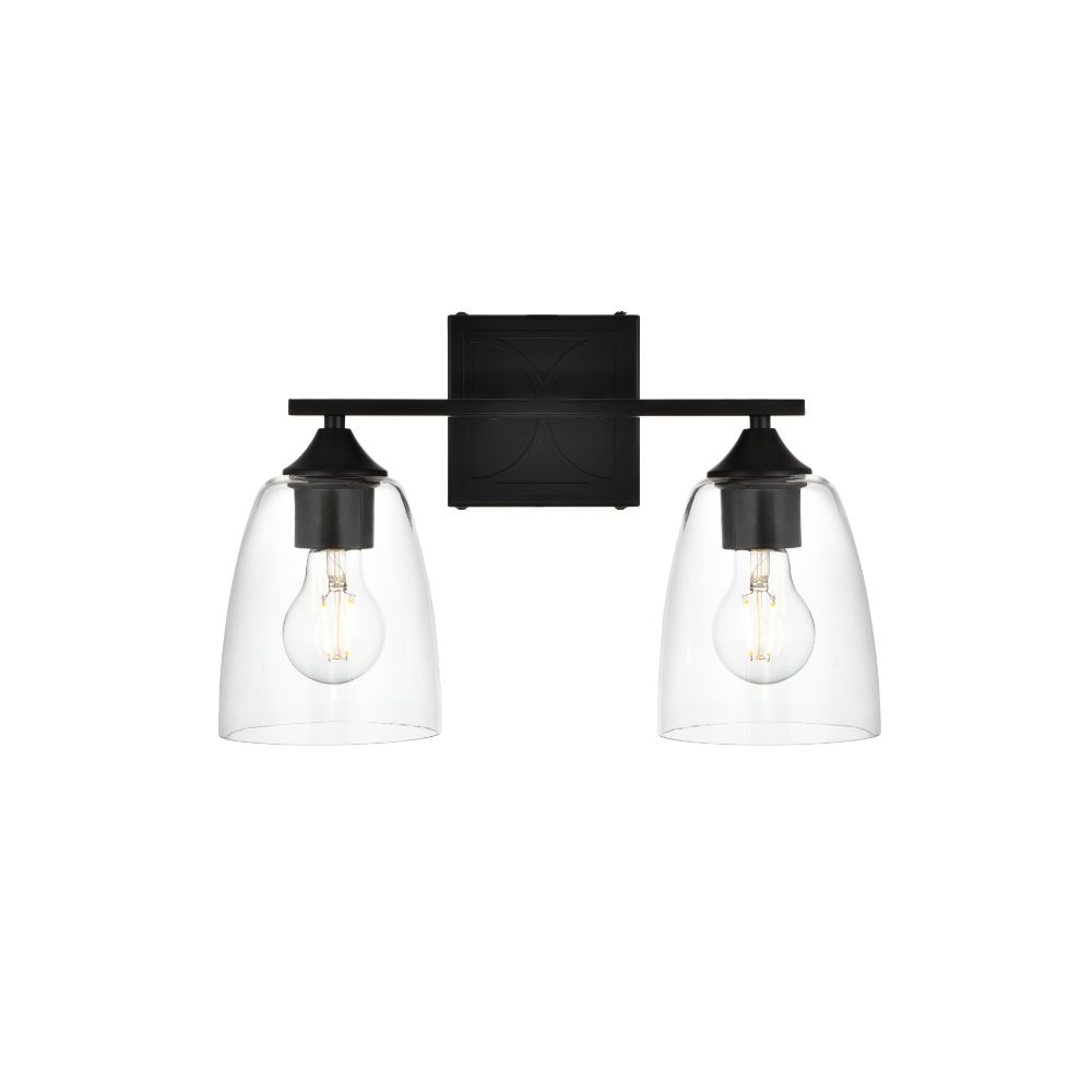Living District by Elegant Lighting LD7309W15BLK Harris 2 light Black and Clear Bath Sconce