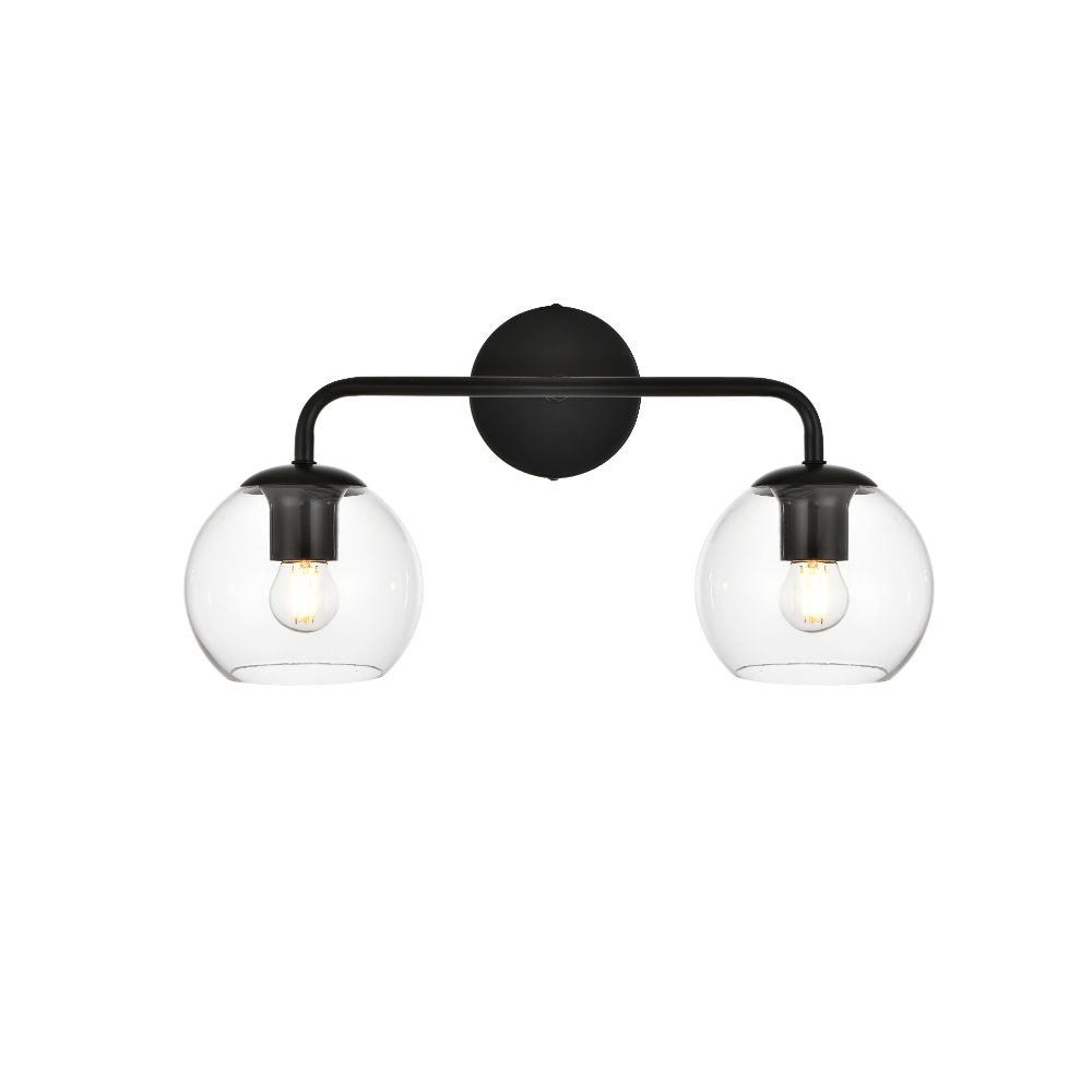Living District by Elegant Lighting LD7321W19BLK Genesis 2 light Black and Clear Bath Sconce