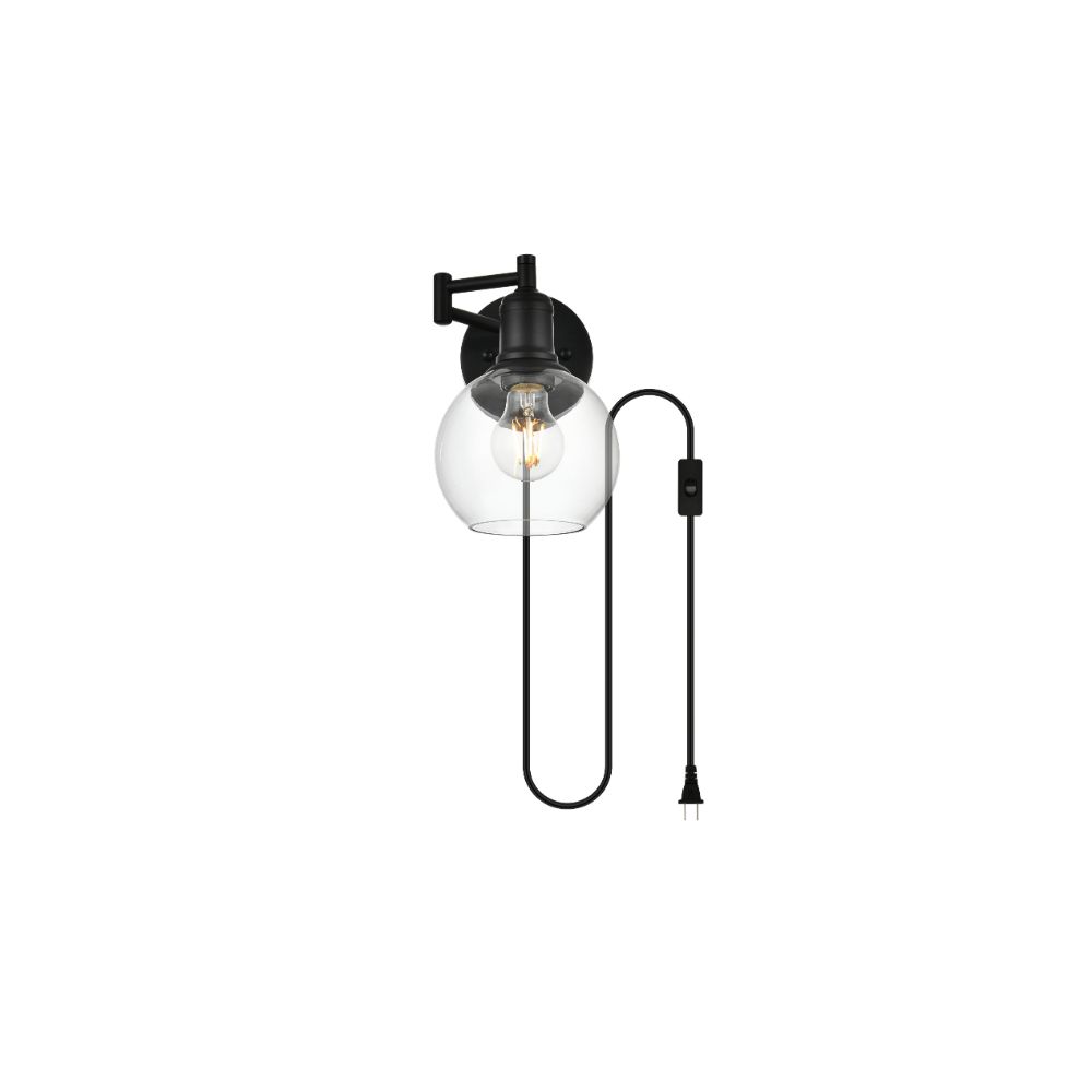 Living District by Elegant Lighting LD7332W6BLK Caspian 1 light Black and Clear swing arm plug in wall sconce