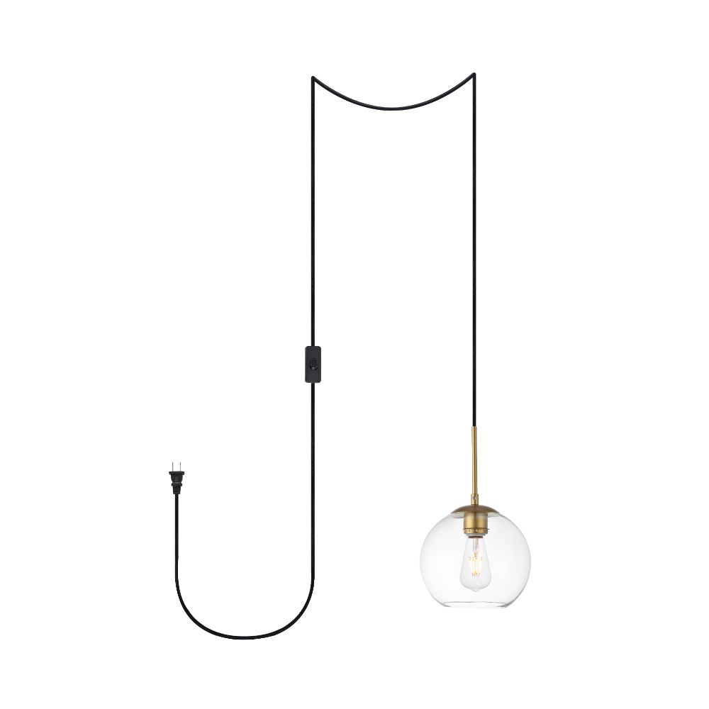 Living District by Elegant Lighting LDPG2206BR Baxter 1 Light brass plug-in pendant With Clear Glass