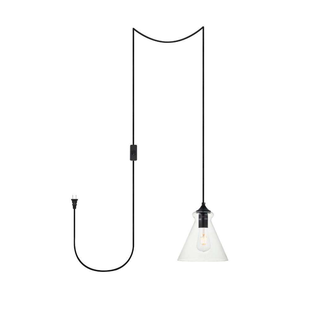 Living District by Elegant Lighting LDPG2244BK Destry 1 Light Black plug-in Pendant With Clear Glass