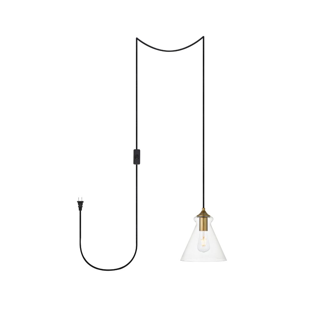 Living District by Elegant Lighting LDPG2244BR Destry 1 Light brass plug-in Pendant With Clear Glass