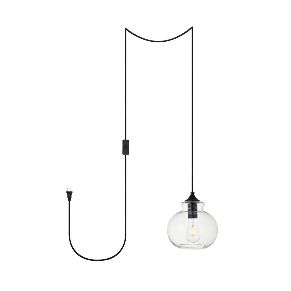 Living District by Elegant Lighting LDPG2245BK Destry 1 Light Black plug-in Pendant With Clear Glass