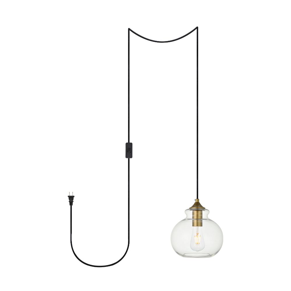 Living District by Elegant Lighting LDPG2245BR Destry 1 Light brass plug-in Pendant With Clear Glass