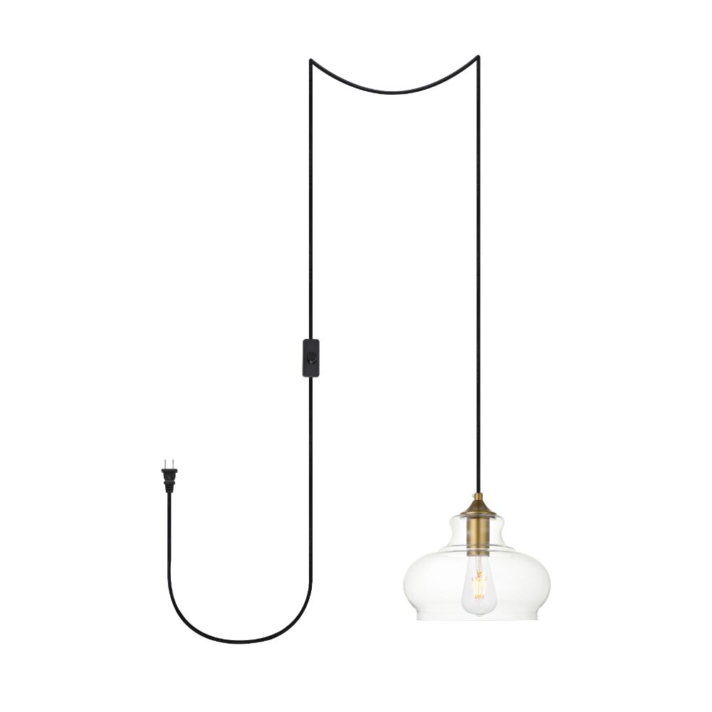 Living District by Elegant Lighting LDPG2246BR Destry 1 Light brass plug-in Pendant With Clear Glass