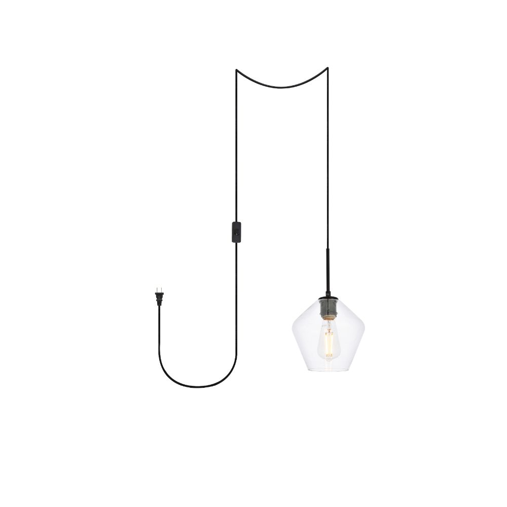 Living District by Elegant Lighting LDPG2256BK Gene 1 light Black and Clear glass plug-in pendant